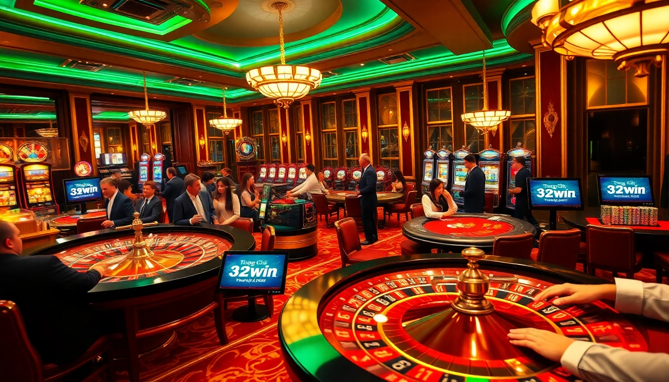 Experience the thrill of gambling at Trang Chủ 32win, featuring vibrant tables and a roulette wheel in action.
