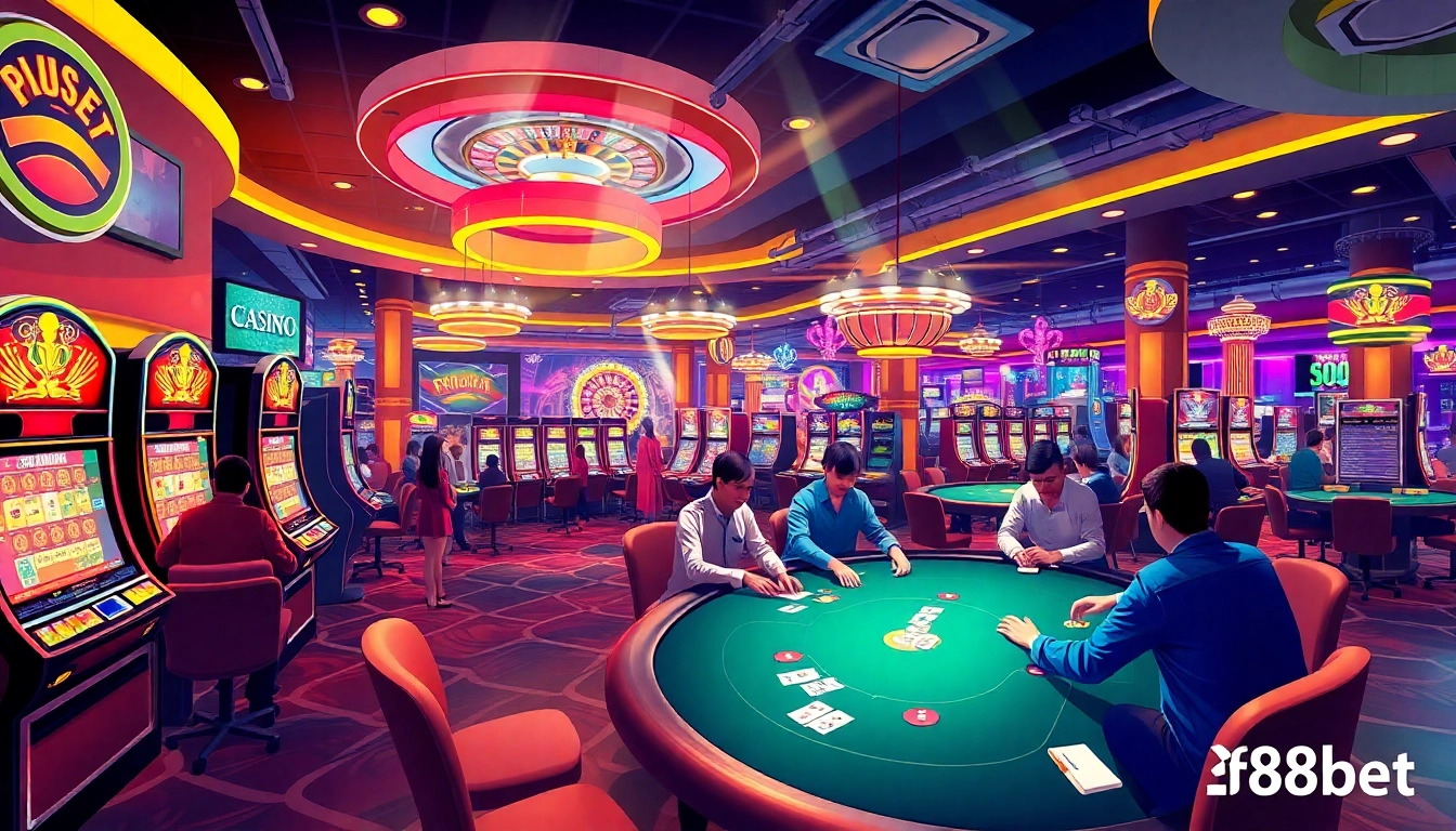 Players enjoying high-stakes poker at f88bet casino, showcasing thrilling gaming elements.